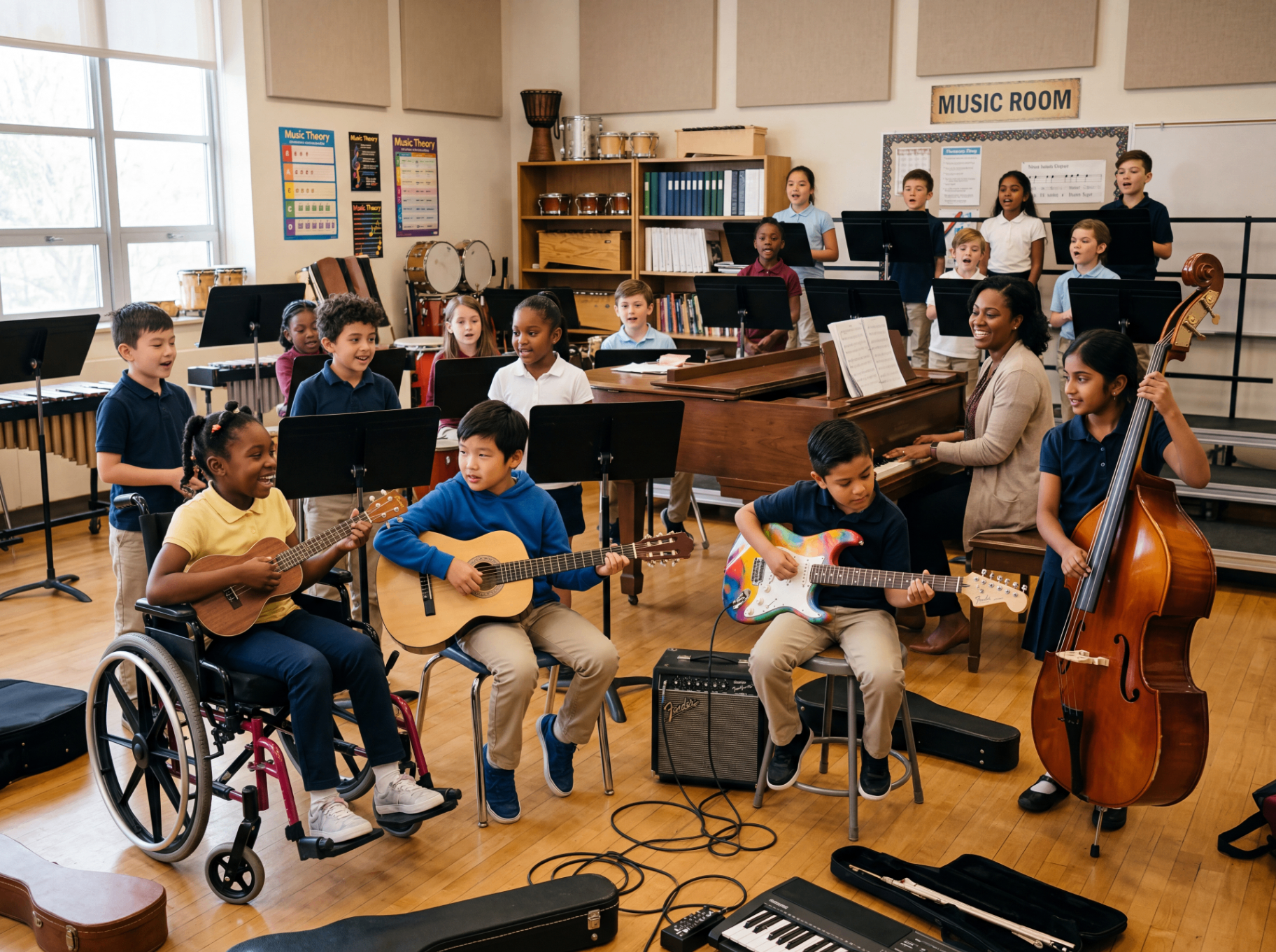 Children and educators making music together in a bright school music room